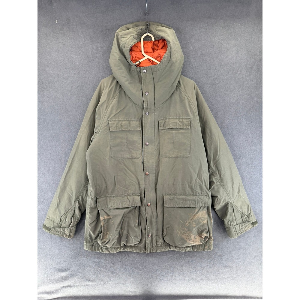 Eddie Bauer MicroTherm Down Parka Mens L Olive Green Hooded Jacket Puffer READ